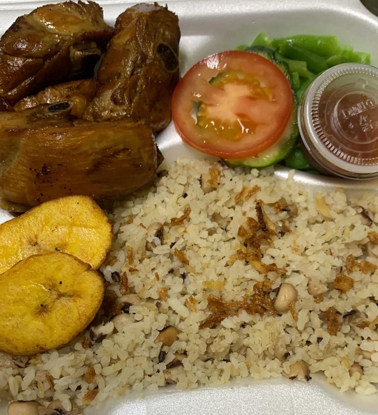 Moksi Alesi (rice cooked with salt fish and black eye peas)