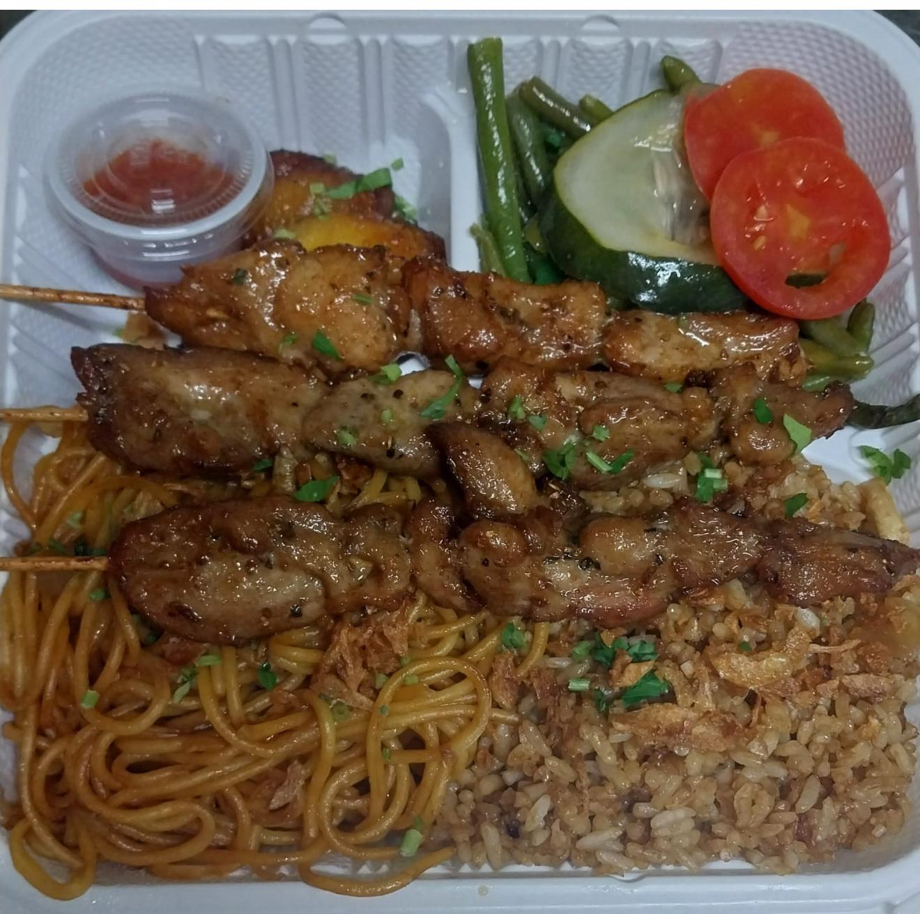 Half noodles/ half fried rice with chicken skewers